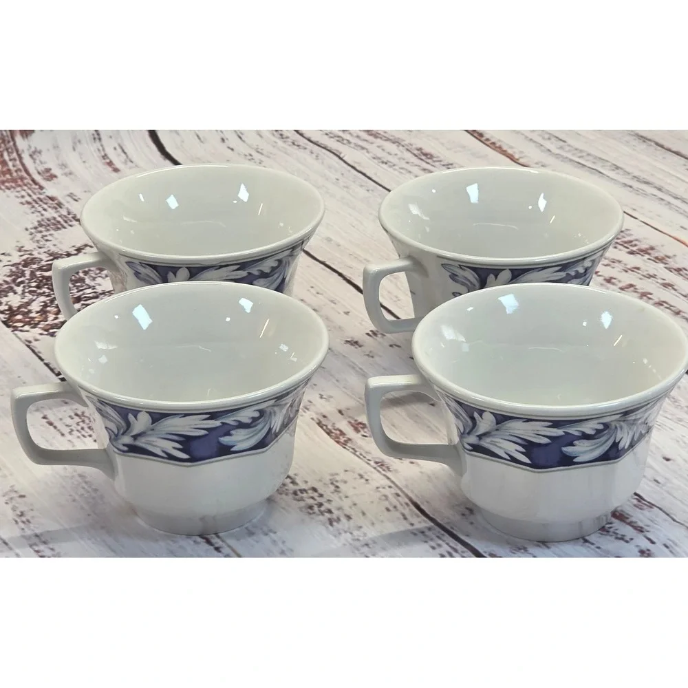 Wedgwood Laurel Tea Cup Set 4 White Blue Good English Earthenware Leaf Pattern